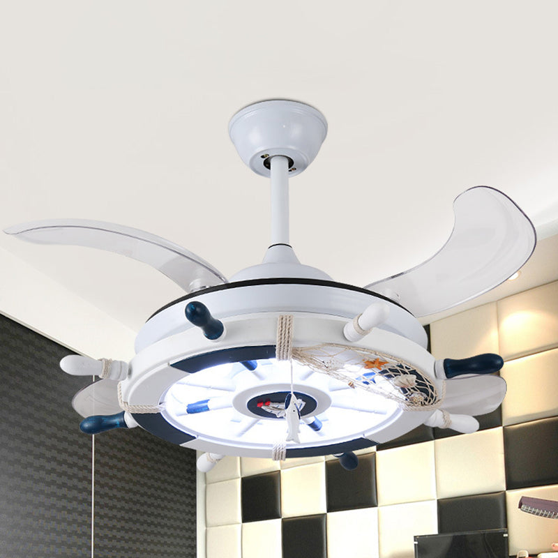 Rudder Bedroom Semi Flush Mounted Light Kids Acrylic Pink/Blue/White LED Hanging Ceiling Fan Lamp with 4 Clear Blades, 42" W White Clearhalo 'Ceiling Fans with Lights' 'Ceiling Fans' 'Kids Ceiling Fans' 'Kids' Lighting' 398613