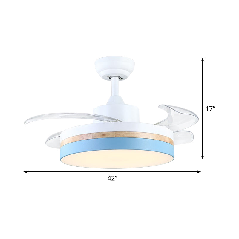 42" W LED Pendant Fan Light Minimalist Drum Acrylic 4 Blades Semi Flush Mount Ceiling Lamp in Blue Clearhalo 'Ceiling Fans with Lights' 'Ceiling Fans' 'Kids Ceiling Fans' 'Kids' Lighting' 398621