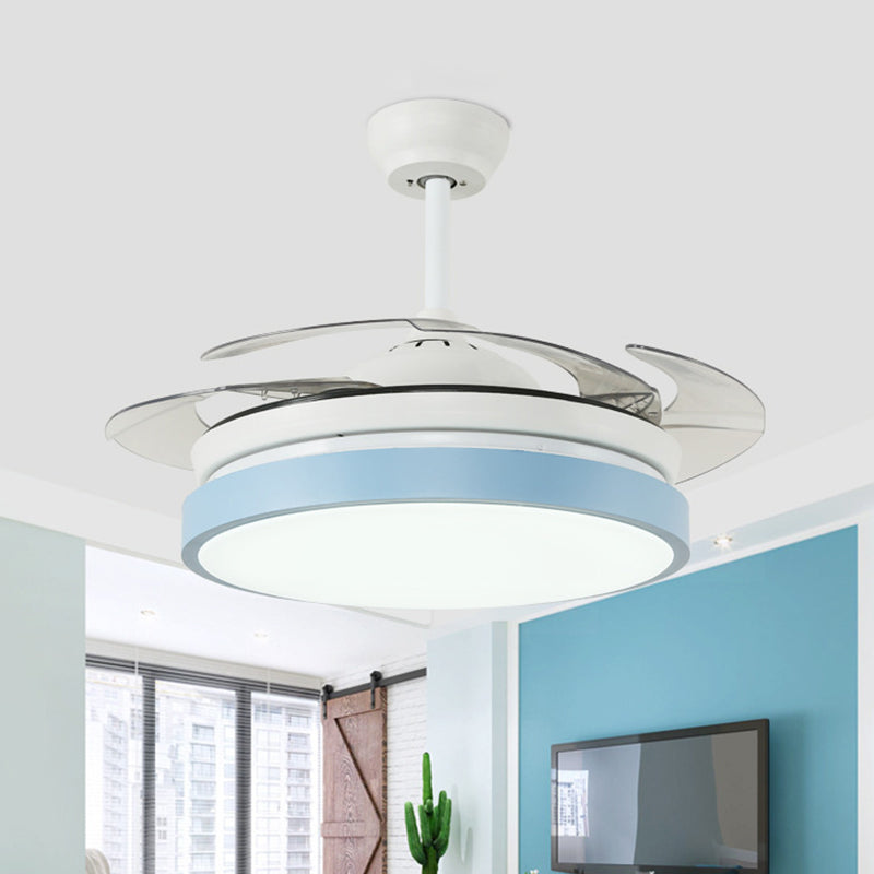 Round Living Room Semi Flushmount Modern Acrylic Pink/Yellow/Blue LED Hanging Ceiling Fan Light with 4 Blades, 42.5" Wide Clearhalo 'Ceiling Fans with Lights' 'Ceiling Fans' 'Kids Ceiling Fans' 'Kids' Lighting' 398623