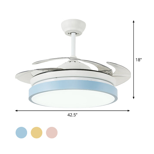 Round Living Room Semi Flushmount Modern Acrylic Pink/Yellow/Blue LED Hanging Ceiling Fan Light with 4 Blades, 42.5" Wide Clearhalo 'Ceiling Fans with Lights' 'Ceiling Fans' 'Kids Ceiling Fans' 'Kids' Lighting' 398626