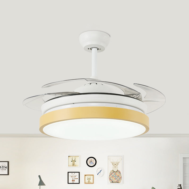 Round Living Room Semi Flushmount Modern Acrylic Pink/Yellow/Blue LED Hanging Ceiling Fan Light with 4 Blades, 42.5" Wide Yellow Clearhalo 'Ceiling Fans with Lights' 'Ceiling Fans' 'Kids Ceiling Fans' 'Kids' Lighting' 398627