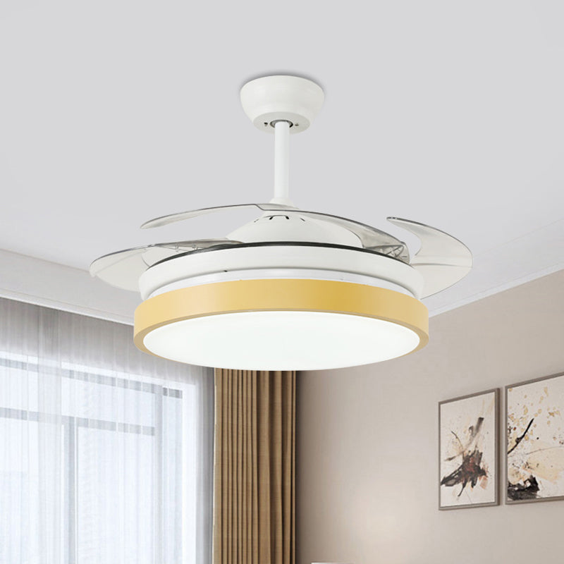 Round Living Room Semi Flushmount Modern Acrylic Pink/Yellow/Blue LED Hanging Ceiling Fan Light with 4 Blades, 42.5" Wide Clearhalo 'Ceiling Fans with Lights' 'Ceiling Fans' 'Kids Ceiling Fans' 'Kids' Lighting' 398628