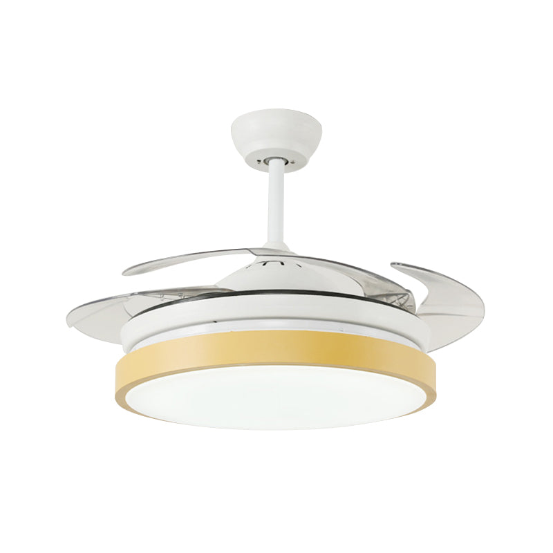 Round Living Room Semi Flushmount Modern Acrylic Pink/Yellow/Blue LED Hanging Ceiling Fan Light with 4 Blades, 42.5" Wide Clearhalo 'Ceiling Fans with Lights' 'Ceiling Fans' 'Kids Ceiling Fans' 'Kids' Lighting' 398629