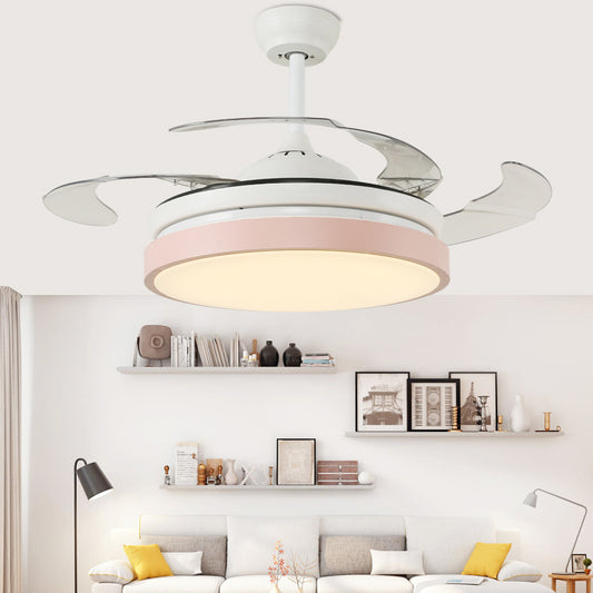 Round Living Room Semi Flushmount Modern Acrylic Pink/Yellow/Blue LED Hanging Ceiling Fan Light with 4 Blades, 42.5" Wide Pink Clearhalo 'Ceiling Fans with Lights' 'Ceiling Fans' 'Kids Ceiling Fans' 'Kids' Lighting' 398631