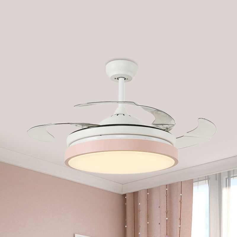 Round Living Room Semi Flushmount Modern Acrylic Pink/Yellow/Blue LED Hanging Ceiling Fan Light with 4 Blades, 42.5" Wide Clearhalo 'Ceiling Fans with Lights' 'Ceiling Fans' 'Kids Ceiling Fans' 'Kids' Lighting' 398632