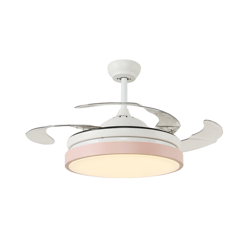Round Living Room Semi Flushmount Modern Acrylic Pink/Yellow/Blue LED Hanging Ceiling Fan Light with 4 Blades, 42.5" Wide Clearhalo 'Ceiling Fans with Lights' 'Ceiling Fans' 'Kids Ceiling Fans' 'Kids' Lighting' 398633