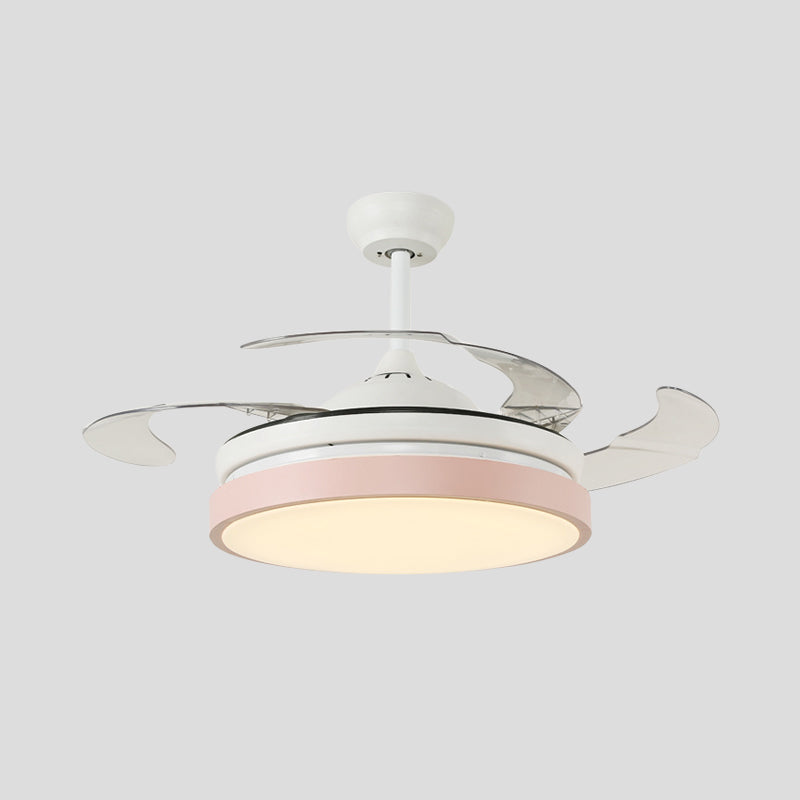 Round Living Room Semi Flushmount Modern Acrylic Pink/Yellow/Blue LED Hanging Ceiling Fan Light with 4 Blades, 42.5" Wide Clearhalo 'Ceiling Fans with Lights' 'Ceiling Fans' 'Kids Ceiling Fans' 'Kids' Lighting' 398634