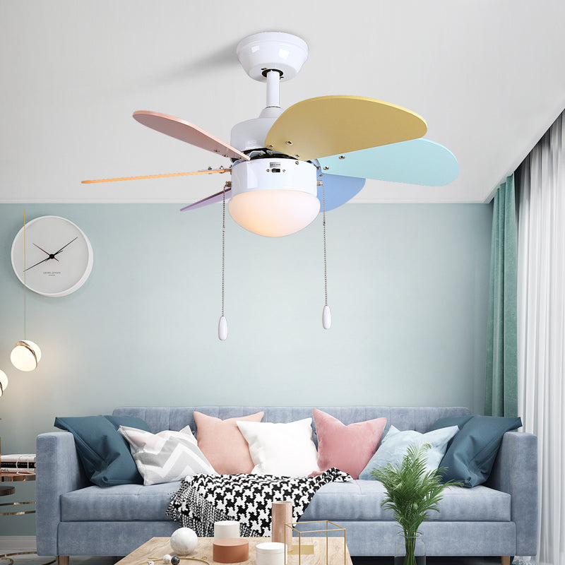 LED Dome Ceiling Fan Lighting Kids White Acrylic Semi Flush Mount Lamp with 6 Wooden Blades, 30"/35.5"/42" Wide White Clearhalo 'Ceiling Fans with Lights' 'Ceiling Fans' 'Kids Ceiling Fans' 'Kids' Lighting' 398635