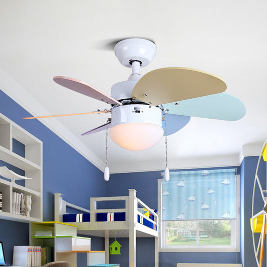LED Dome Ceiling Fan Lighting Kids White Acrylic Semi Flush Mount Lamp with 6 Wooden Blades, 30"/35.5"/42" Wide Clearhalo 'Ceiling Fans with Lights' 'Ceiling Fans' 'Kids Ceiling Fans' 'Kids' Lighting' 398636