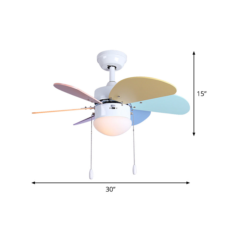 LED Dome Ceiling Fan Lighting Kids White Acrylic Semi Flush Mount Lamp with 6 Wooden Blades, 30"/35.5"/42" Wide Clearhalo 'Ceiling Fans with Lights' 'Ceiling Fans' 'Kids Ceiling Fans' 'Kids' Lighting' 398639