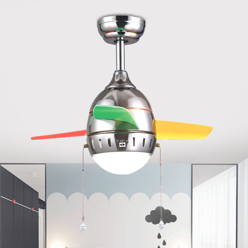 3 Blades LED Hanging Fan Lamp Modern Bedroom Semi Flush Light with Oval Acrylic Shade in Silver/White/Green, 26"/36" Wide Green Clearhalo 'Ceiling Fans with Lights' 'Ceiling Fans' 'Kids Ceiling Fans' 'Kids' Lighting' 398652