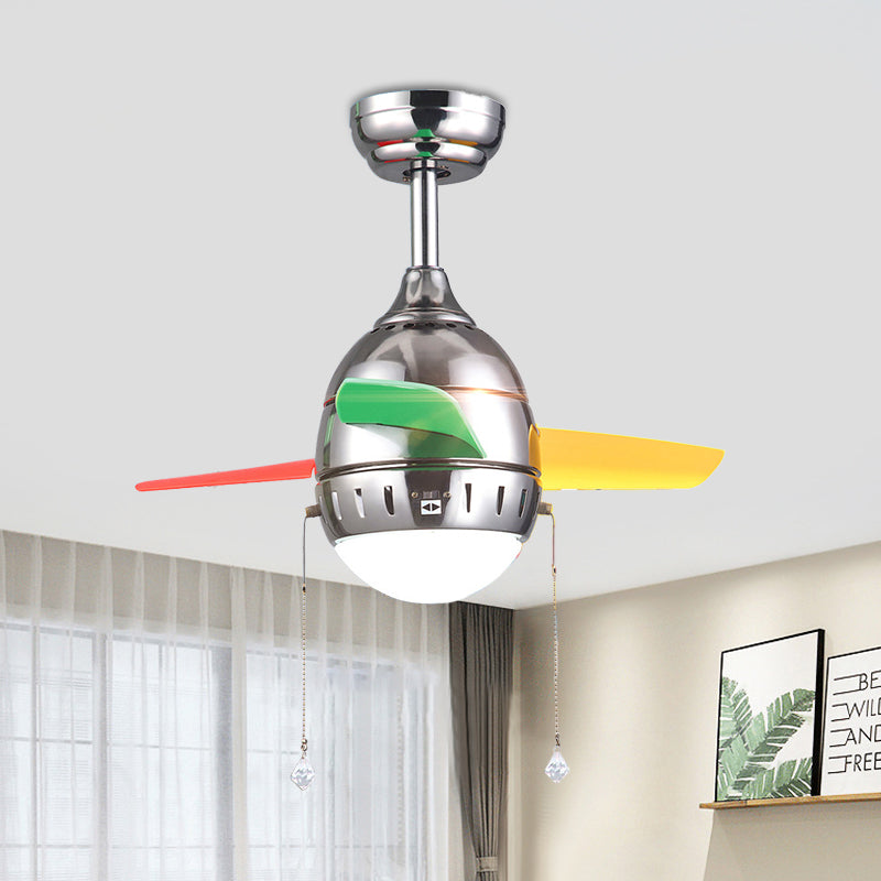 3 Blades LED Hanging Fan Lamp Modern Bedroom Semi Flush Light with Oval Acrylic Shade in Silver/White/Green, 26"/36" Wide Clearhalo 'Ceiling Fans with Lights' 'Ceiling Fans' 'Kids Ceiling Fans' 'Kids' Lighting' 398653