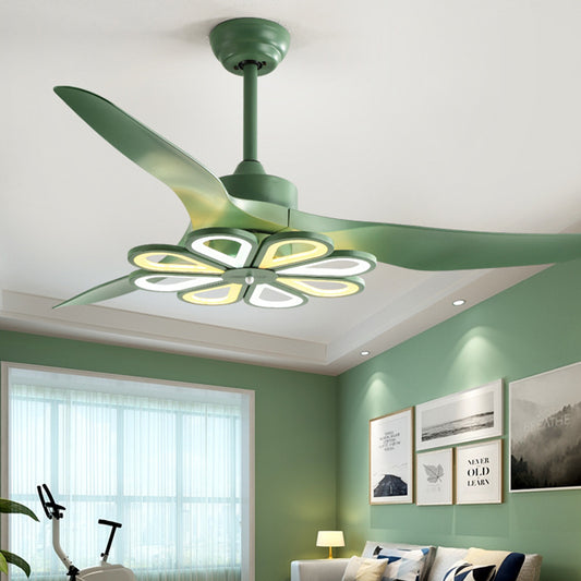 52" W Green Floral Pendant Fan Lighting Contemporary Acrylic Living Room 3 Blades LED Semi Flush Mounted Lamp Clearhalo 'Ceiling Fans with Lights' 'Ceiling Fans' 'Kids Ceiling Fans' 'Kids' Lighting' 398657