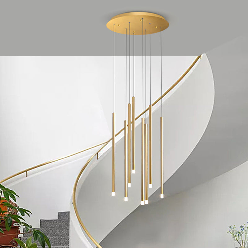Modernist Slim Tube Pendant Light 8/12 Bulbs Acrylic LED Multi Ceiling Lamp in Black/Gold for Stair 8 Gold Clearhalo 'Ceiling Lights' 'Modern Pendants' 'Modern' 'Pendant Lights' 'Pendants' Lighting' 398909