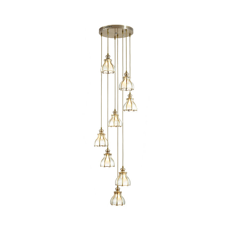 Colonial Spiral Ceiling Light 8 Bulbs Metal Cluster Pendant Lamp in Gold with Frosted Glass Shade Clearhalo 'Ceiling Lights' 'Glass shade' 'Glass' 'Pendant Lights' 'Pendants' Lighting' 398987