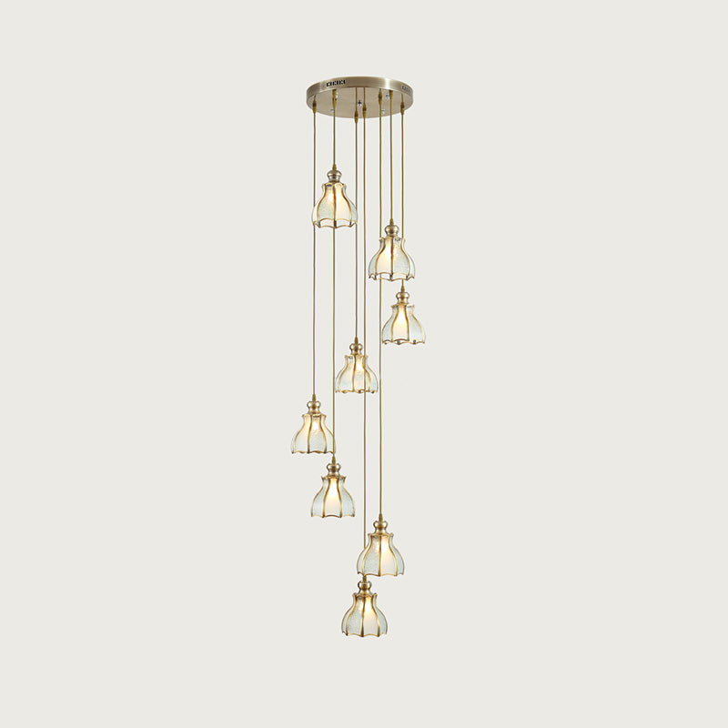 Colonial Spiral Ceiling Light 8 Bulbs Metal Cluster Pendant Lamp in Gold with Frosted Glass Shade Clearhalo 'Ceiling Lights' 'Glass shade' 'Glass' 'Pendant Lights' 'Pendants' Lighting' 398988