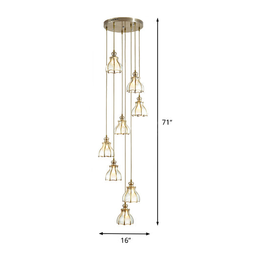 Colonial Spiral Ceiling Light 8 Bulbs Metal Cluster Pendant Lamp in Gold with Frosted Glass Shade Clearhalo 'Ceiling Lights' 'Glass shade' 'Glass' 'Pendant Lights' 'Pendants' Lighting' 398989
