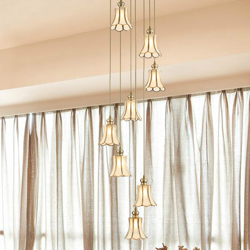 Flower Stair Cluster Pendant Lamp Minimalist Opal Frosted Glass 8-Light Gold Hanging Light Fixture Clearhalo 'Ceiling Lights' 'Glass shade' 'Glass' 'Pendant Lights' 'Pendants' Lighting' 398991
