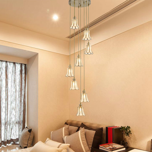 Flower Stair Cluster Pendant Lamp Minimalist Opal Frosted Glass 8-Light Gold Hanging Light Fixture Clearhalo 'Ceiling Lights' 'Glass shade' 'Glass' 'Pendant Lights' 'Pendants' Lighting' 398992