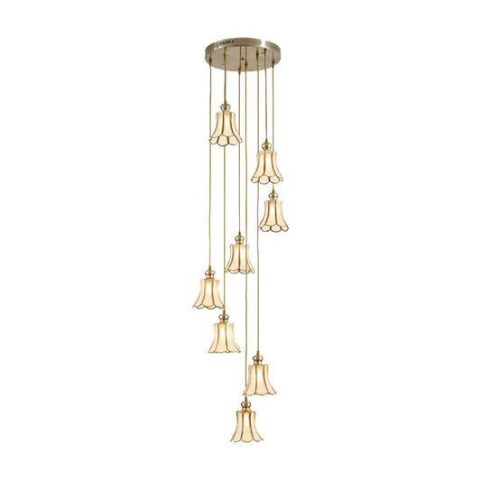 Flower Stair Cluster Pendant Lamp Minimalist Opal Frosted Glass 8-Light Gold Hanging Light Fixture Clearhalo 'Ceiling Lights' 'Glass shade' 'Glass' 'Pendant Lights' 'Pendants' Lighting' 398993