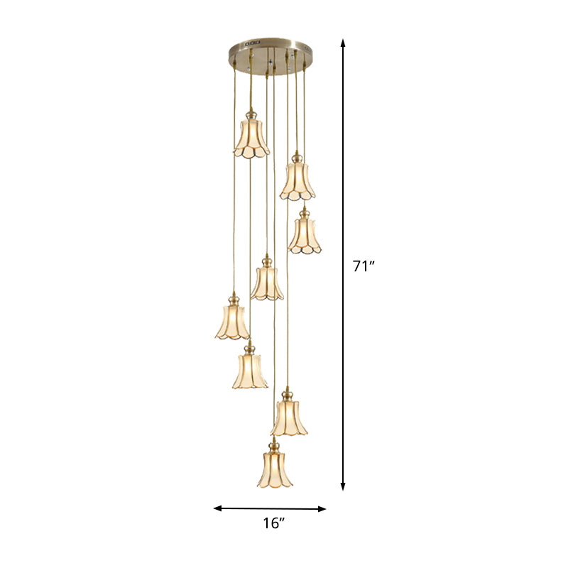 Flower Stair Cluster Pendant Lamp Minimalist Opal Frosted Glass 8-Light Gold Hanging Light Fixture Clearhalo 'Ceiling Lights' 'Glass shade' 'Glass' 'Pendant Lights' 'Pendants' Lighting' 398994