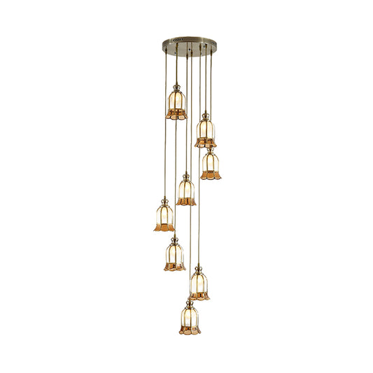 Brass 8-Bulb Multiple Hanging Light Colonial Milk Glass Floral Suspended Pendant Lamp Clearhalo 'Ceiling Lights' 'Chandeliers' 'Glass shade' 'Glass' 'Pendant Lights' 'Pendants' Lighting' 399003