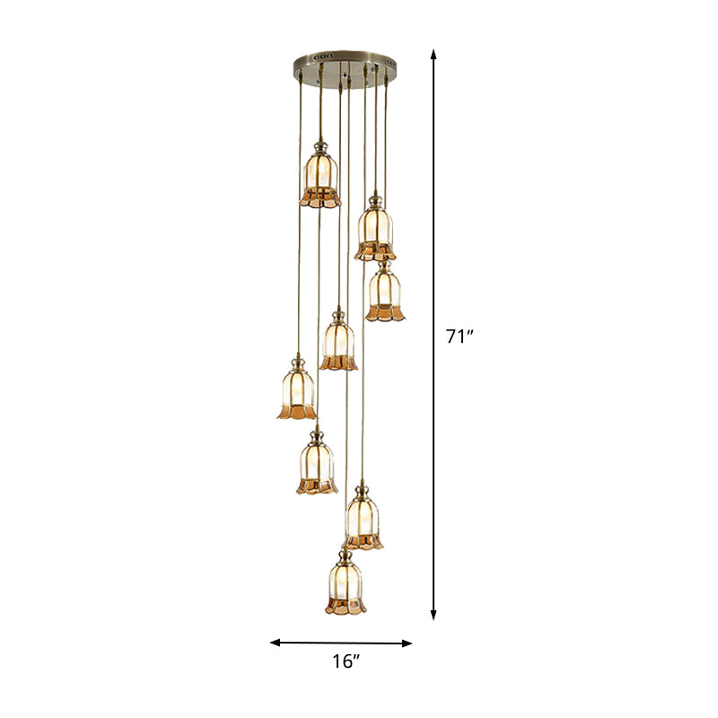 Brass 8-Bulb Multiple Hanging Light Colonial Milk Glass Floral Suspended Pendant Lamp Clearhalo 'Ceiling Lights' 'Chandeliers' 'Glass shade' 'Glass' 'Pendant Lights' 'Pendants' Lighting' 399004