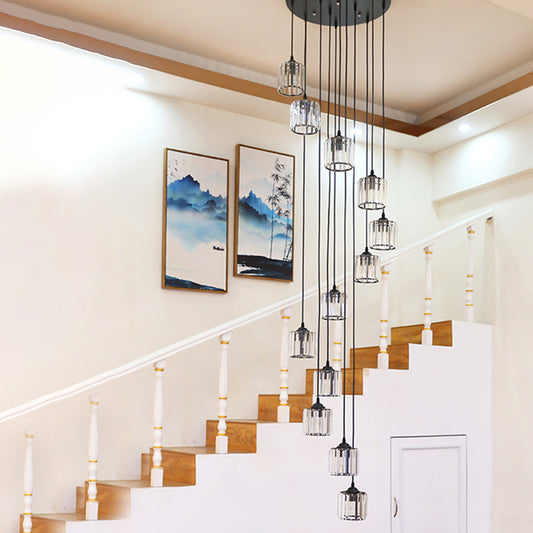 12 Lights Crystal Hanging Lighting Contemporary Black Cylinder Living Room Multiple Lamp Pendant Black Clearhalo 'Ceiling Lights' 'Modern Pendants' 'Modern' 'Pendant Lights' 'Pendants' Lighting' 399039