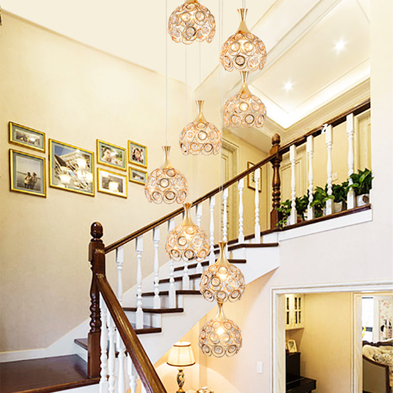 Dome Stair Cluster Pendant Lamp Minimalist Crystal 8 Lights Gold Suspension Light Fixture Clearhalo 'Ceiling Lights' 'Modern Pendants' 'Modern' 'Pendant Lights' 'Pendants' Lighting' 399083