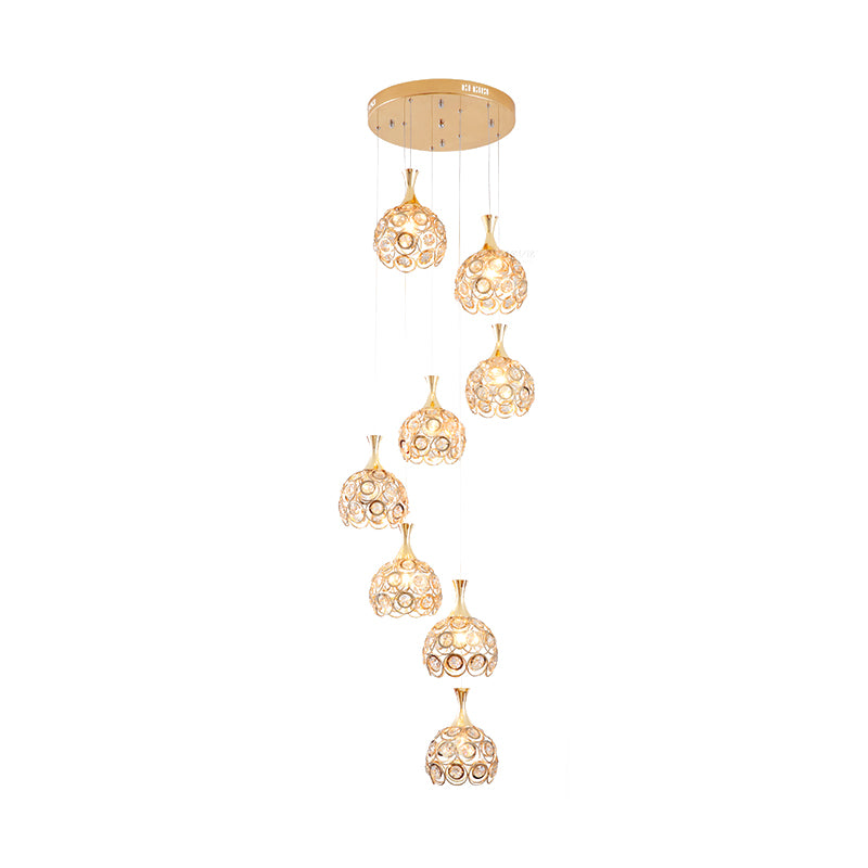 Dome Stair Cluster Pendant Lamp Minimalist Crystal 8 Lights Gold Suspension Light Fixture Clearhalo 'Ceiling Lights' 'Modern Pendants' 'Modern' 'Pendant Lights' 'Pendants' Lighting' 399084