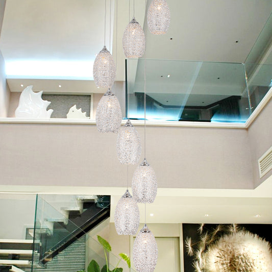 8 Bulbs Metallic Hanging Lamp Contemporary Silver Egg Shape Stair Multi Light Pendant Clearhalo 'Ceiling Lights' 'Modern Pendants' 'Modern' 'Pendant Lights' 'Pendants' Lighting' 399102
