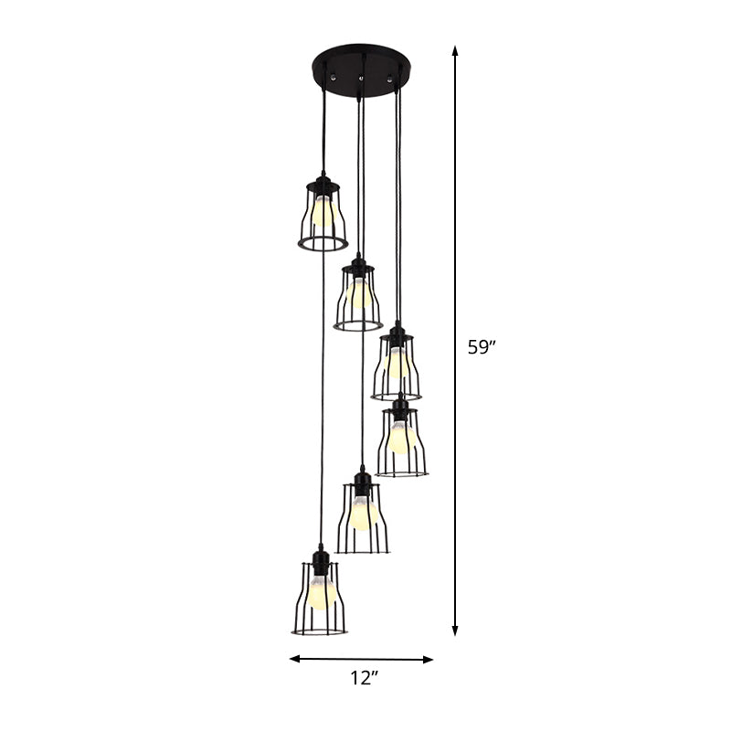 Iron Wire Cage Multi Ceiling Light Industrial 6 Heads Stair Suspended Pendant Lamp in Black Clearhalo 'Art Deco Pendants' 'Black' 'Cast Iron' 'Ceiling Lights' 'Ceramic' 'Crystal' 'Industrial Pendants' 'Industrial' 'Metal' 'Middle Century Pendants' 'Pendant Lights' 'Pendants' 'Rustic Pendants' 'Tiffany' Lighting' 399115