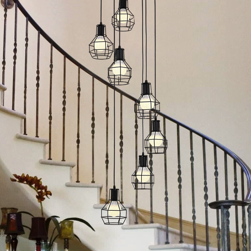 6 Bulbs Globe Cage Hanging Lighting Industrial Black Metal Multi Light Pendant with Spiral Design Black Clearhalo 'Ceiling Lights' 'Modern Pendants' 'Modern' 'Pendant Lights' 'Pendants' Lighting' 399116
