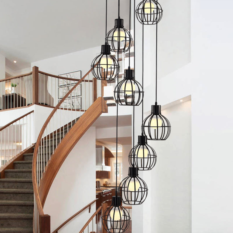 6 Bulbs Globe Cage Hanging Lighting Industrial Black Metal Multi Light Pendant with Spiral Design Clearhalo 'Ceiling Lights' 'Modern Pendants' 'Modern' 'Pendant Lights' 'Pendants' Lighting' 399117
