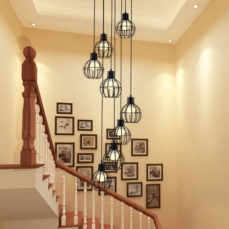 6 Bulbs Globe Cage Hanging Lighting Industrial Black Metal Multi Light Pendant with Spiral Design Clearhalo 'Ceiling Lights' 'Modern Pendants' 'Modern' 'Pendant Lights' 'Pendants' Lighting' 399118