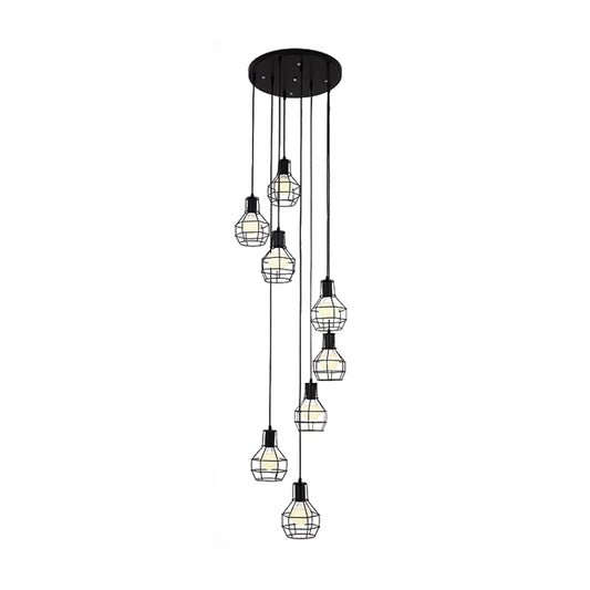 6 Bulbs Globe Cage Hanging Lighting Industrial Black Metal Multi Light Pendant with Spiral Design Clearhalo 'Ceiling Lights' 'Modern Pendants' 'Modern' 'Pendant Lights' 'Pendants' Lighting' 399119