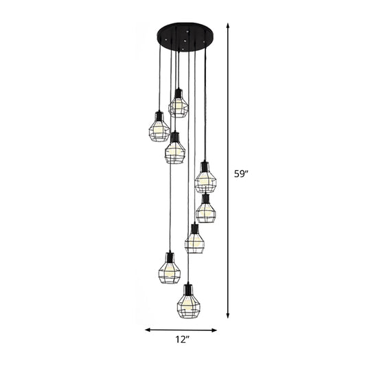 6 Bulbs Globe Cage Hanging Lighting Industrial Black Metal Multi Light Pendant with Spiral Design Clearhalo 'Ceiling Lights' 'Modern Pendants' 'Modern' 'Pendant Lights' 'Pendants' Lighting' 399120