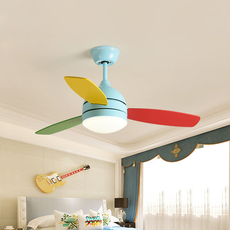 Dome Metal Semi Flush Lighting Kids LED Bedroom Pendant Fan Light Fixture in Pink/Blue with 3 Colorful Blades, 41" Wide Blue Clearhalo 'Ceiling Fans with Lights' 'Ceiling Fans' 'Kids Ceiling Fans' 'Kids' Lighting' 399230