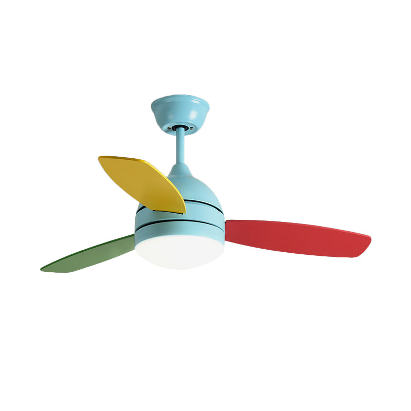 Dome Metal Semi Flush Lighting Kids LED Bedroom Pendant Fan Light Fixture in Pink/Blue with 3 Colorful Blades, 41" Wide Clearhalo 'Ceiling Fans with Lights' 'Ceiling Fans' 'Kids Ceiling Fans' 'Kids' Lighting' 399232