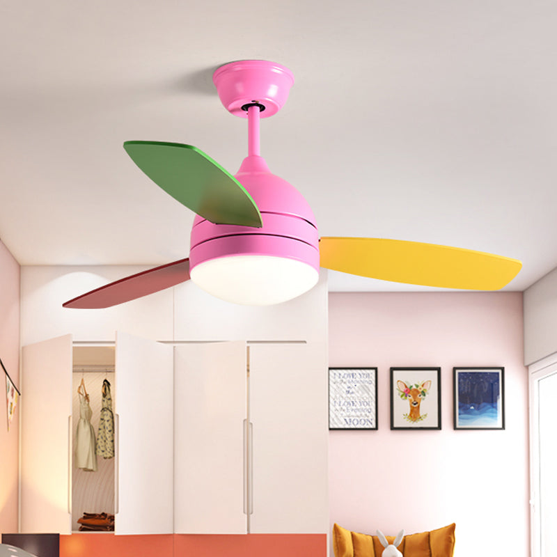Dome Metal Semi Flush Lighting Kids LED Bedroom Pendant Fan Light Fixture in Pink/Blue with 3 Colorful Blades, 41" Wide Pink Clearhalo 'Ceiling Fans with Lights' 'Ceiling Fans' 'Kids Ceiling Fans' 'Kids' Lighting' 399235