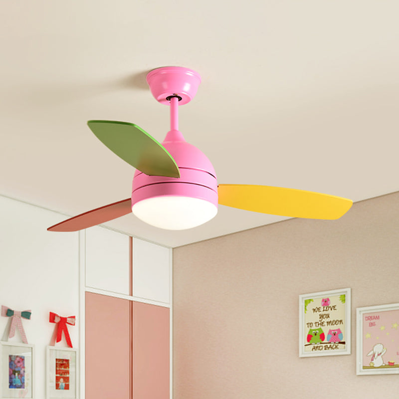Dome Metal Semi Flush Lighting Kids LED Bedroom Pendant Fan Light Fixture in Pink/Blue with 3 Colorful Blades, 41" Wide Clearhalo 'Ceiling Fans with Lights' 'Ceiling Fans' 'Kids Ceiling Fans' 'Kids' Lighting' 399236