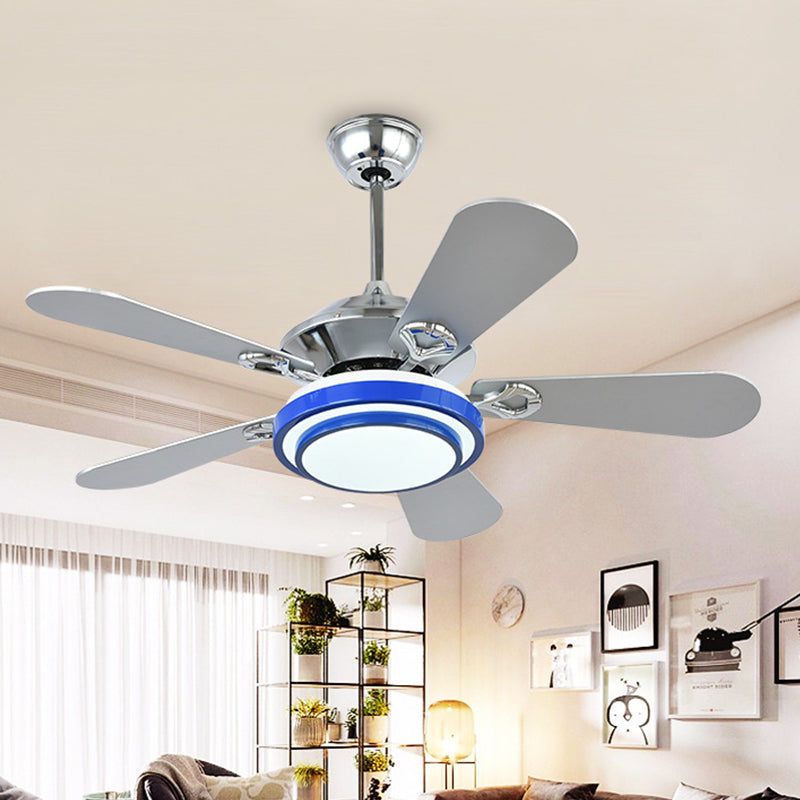 48" W LED Ceiling Fan Light Modernist Round Acrylic 5 Silver Blades Semi Flush Lamp in Blue with/without Remote Control Clearhalo 'Ceiling Fans with Lights' 'Ceiling Fans' 'Modern Ceiling Fans' 'Modern' Lighting' 399264