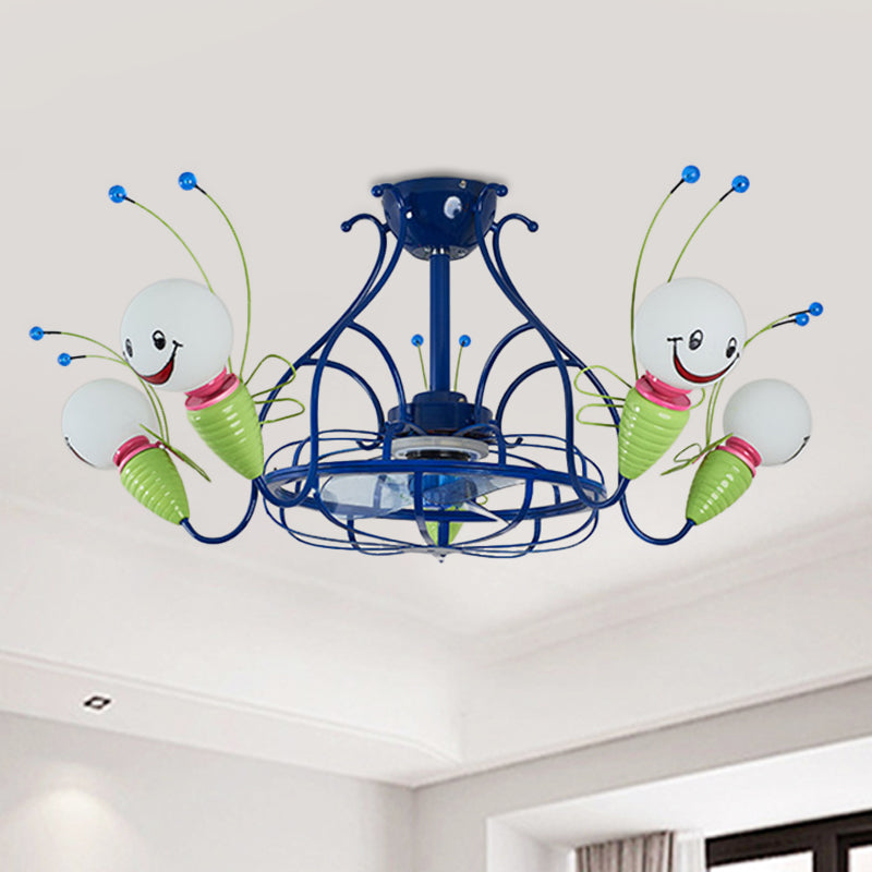 Modern Radial Hanging Fan Light Fixture 5 Heads Metallic 3 Blades Semi Flush Lamp in Blue for Bedroom, 30" Wide Clearhalo 'Ceiling Fans with Lights' 'Ceiling Fans' 'Kids Ceiling Fans' 'Kids' Lighting' 399269