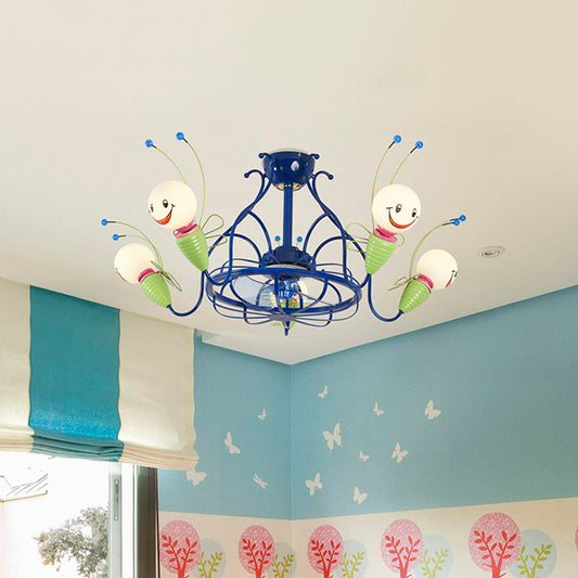 Modern Radial Hanging Fan Light Fixture 5 Heads Metallic 3 Blades Semi Flush Lamp in Blue for Bedroom, 30" Wide Clearhalo 'Ceiling Fans with Lights' 'Ceiling Fans' 'Kids Ceiling Fans' 'Kids' Lighting' 399270