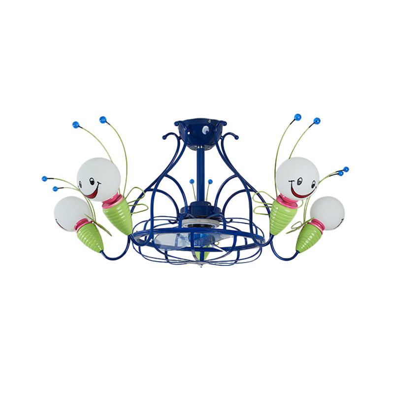 Modern Radial Hanging Fan Light Fixture 5 Heads Metallic 3 Blades Semi Flush Lamp in Blue for Bedroom, 30" Wide Clearhalo 'Ceiling Fans with Lights' 'Ceiling Fans' 'Kids Ceiling Fans' 'Kids' Lighting' 399271