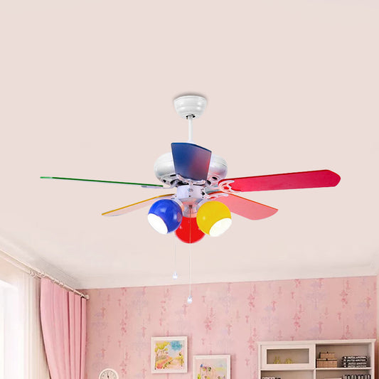Globe Bedroom Pendant Fan Light Kids Pink/Yellow/Red Glass 42" Wide 3 Lights White Semi Flush Lamp with 5 Blades Red Clearhalo 'Ceiling Fans with Lights' 'Ceiling Fans' 'Kids Ceiling Fans' 'Kids' Lighting' 399278