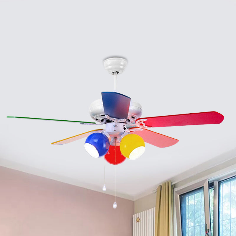Globe Bedroom Pendant Fan Light Kids Pink/Yellow/Red Glass 42" Wide 3 Lights White Semi Flush Lamp with 5 Blades Clearhalo 'Ceiling Fans with Lights' 'Ceiling Fans' 'Kids Ceiling Fans' 'Kids' Lighting' 399279