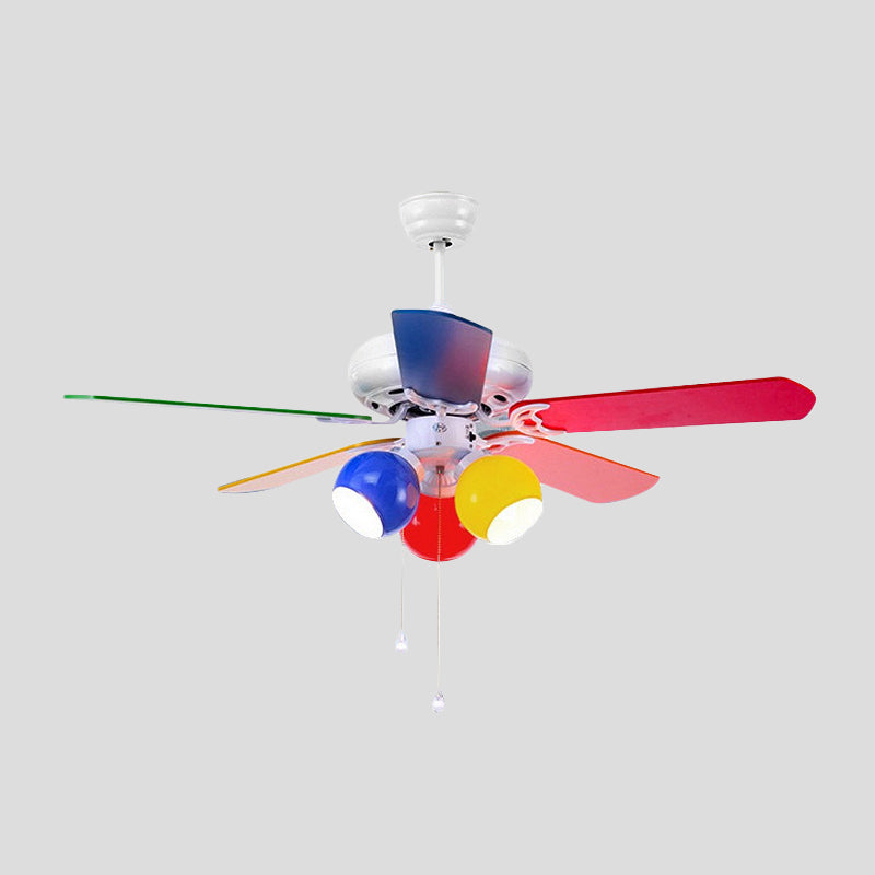 Globe Bedroom Pendant Fan Light Kids Pink/Yellow/Red Glass 42" Wide 3 Lights White Semi Flush Lamp with 5 Blades Clearhalo 'Ceiling Fans with Lights' 'Ceiling Fans' 'Kids Ceiling Fans' 'Kids' Lighting' 399281