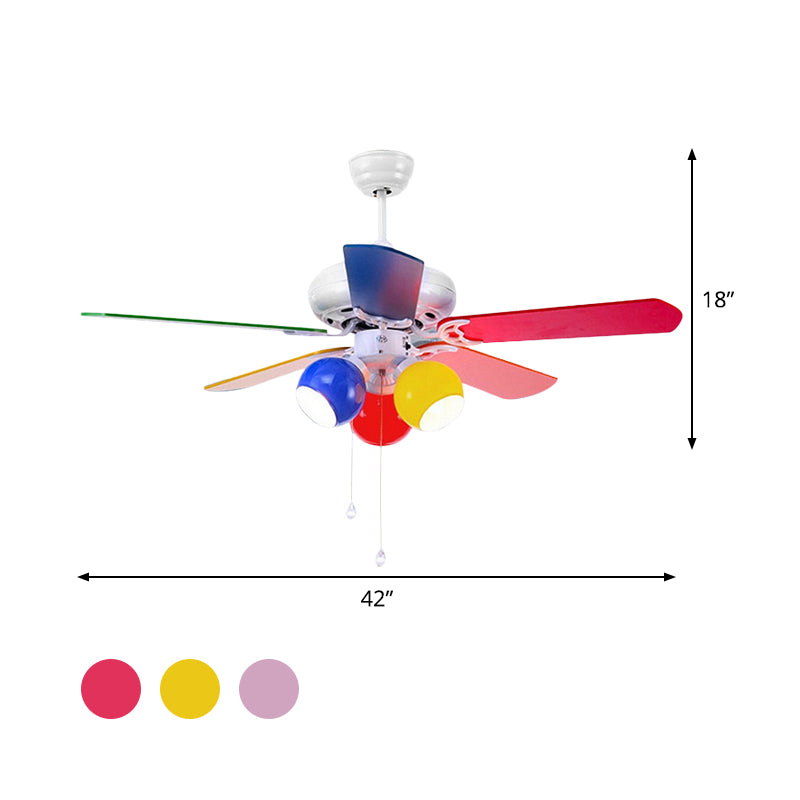 Globe Bedroom Pendant Fan Light Kids Pink/Yellow/Red Glass 42" Wide 3 Lights White Semi Flush Lamp with 5 Blades Clearhalo 'Ceiling Fans with Lights' 'Ceiling Fans' 'Kids Ceiling Fans' 'Kids' Lighting' 399282