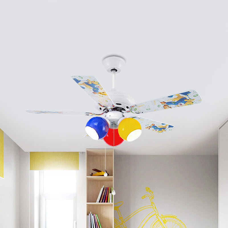 Globe Bedroom Pendant Fan Light Kids Pink/Yellow/Red Glass 42" Wide 3 Lights White Semi Flush Lamp with 5 Blades Clearhalo 'Ceiling Fans with Lights' 'Ceiling Fans' 'Kids Ceiling Fans' 'Kids' Lighting' 399284